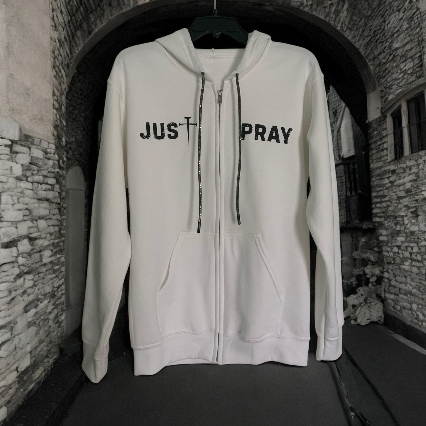 NEW!! "Just Pray" White Zip-Up Hoodie – Dynamic Sparkle Edition (Men / Women) **Free Shipping**