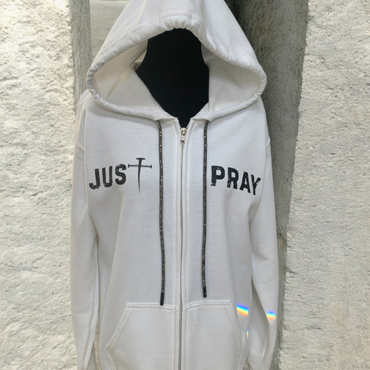 NEW!! "Just Pray" White Zip-Up Hoodie – Dynamic Sparkle Edition (Men / Women) **Free Shipping**
