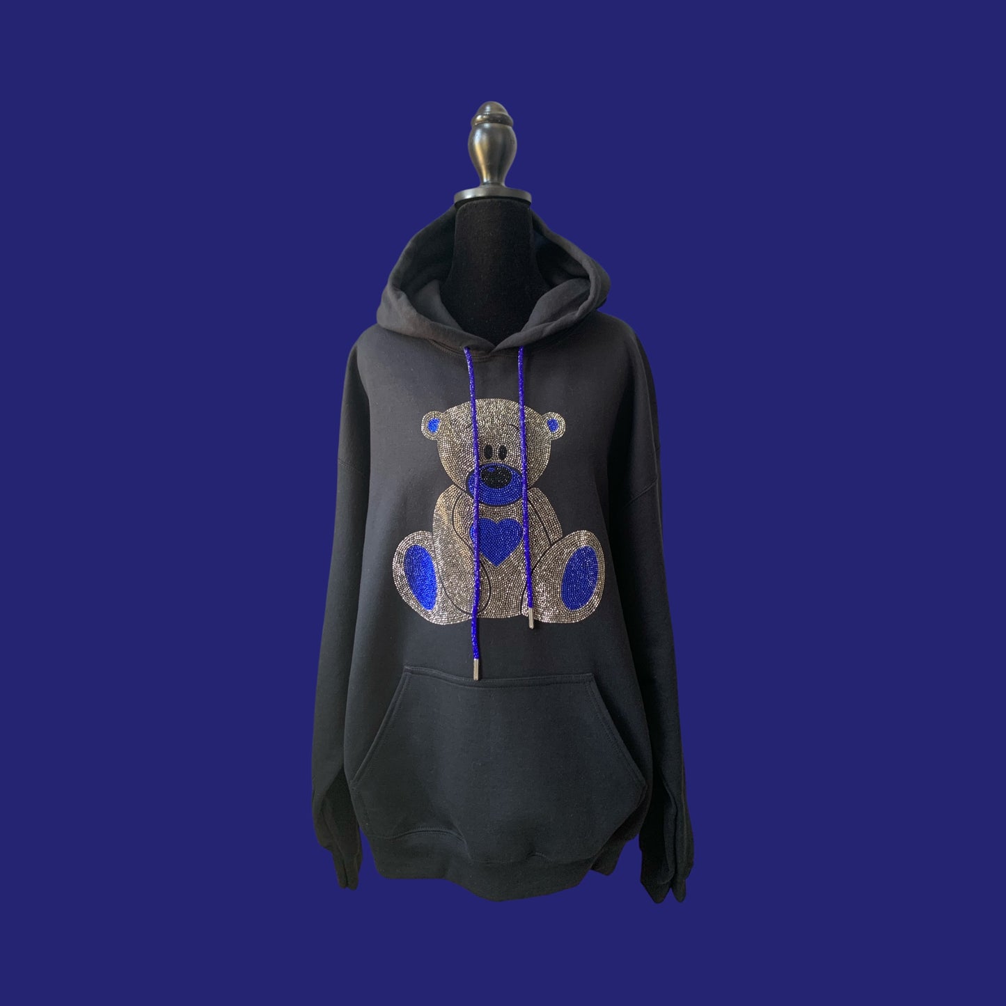 DAZZLING CRYSTAL AND ROYAL BLUE RHINESTONE TEDDY BEAR - BLACK HOODIE ** Free Shipping **