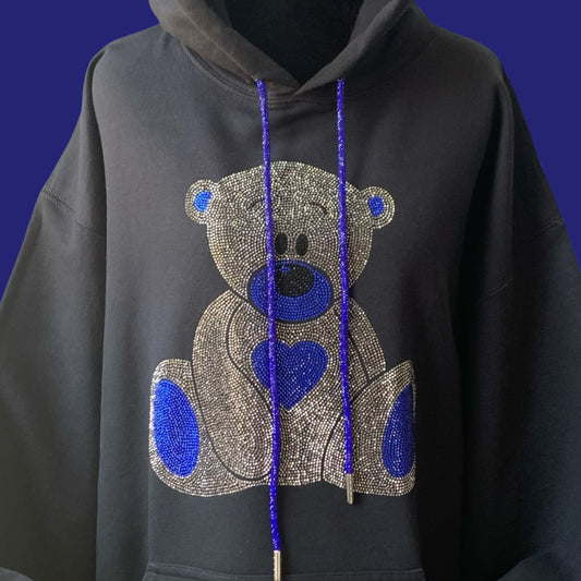 DAZZLING CRYSTAL AND ROYAL BLUE RHINESTONE TEDDY BEAR - BLACK HOODIE ** Free Shipping **