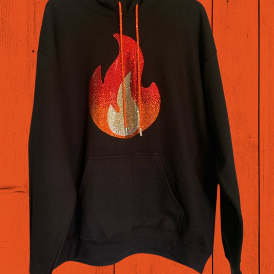 EYE-CATCHING RHINESTONE FLAME BLACK HOODIE   ** Free Shipping **