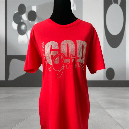 NO WORRIES GOD GOT ME SPARKLING RHINESTONE RED TEE ** Free Shipping **
