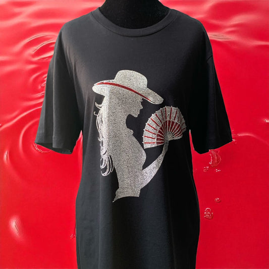 RHINESTONE COWGIRL WITH A FAN BLACK T-SHIRT ** Free Shipping **