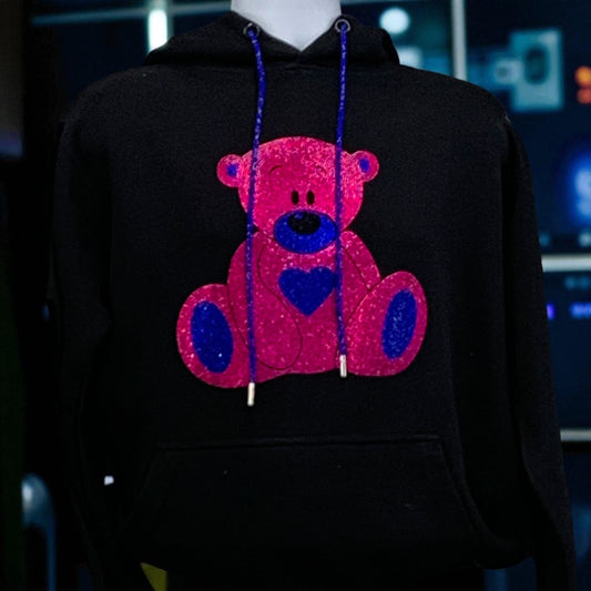 DAZZLING PINK AND ROYAL BLUE RHINESTONE TEDDY BEAR - BLACK HOODIE  ** Free Shipping **