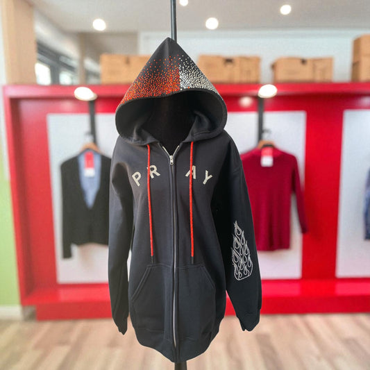 POWER IN PRAYER - RED AND CRYSTAL RHINESTONE HOODIE  - BLACK ** Free Shipping **