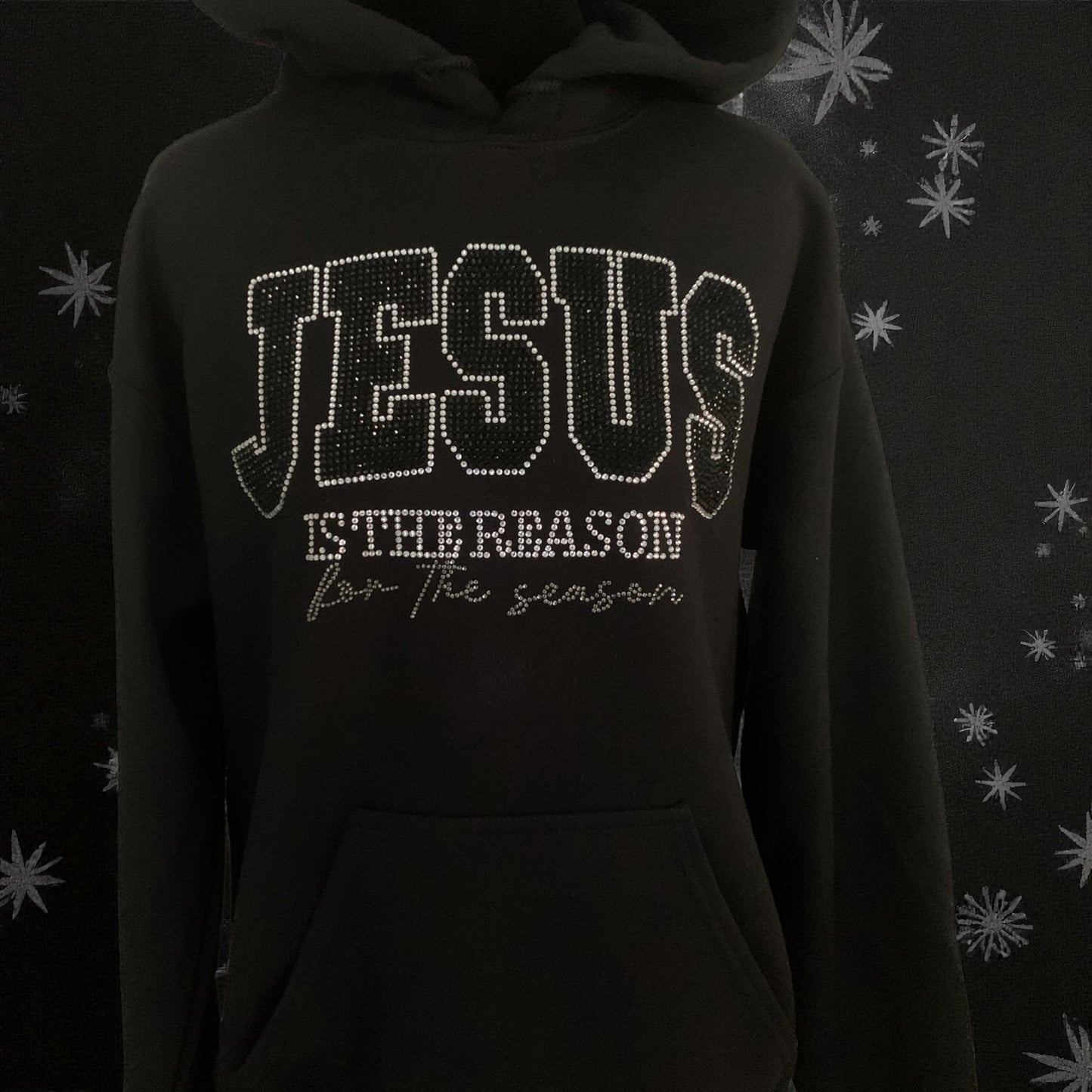 "JESUS IS THE REASON FOR THE SEASON" BLACK HOODIES AVAILABLE IN BLACK/SILVER AND RED/GREEN RHINESTONES **Free Shipping**