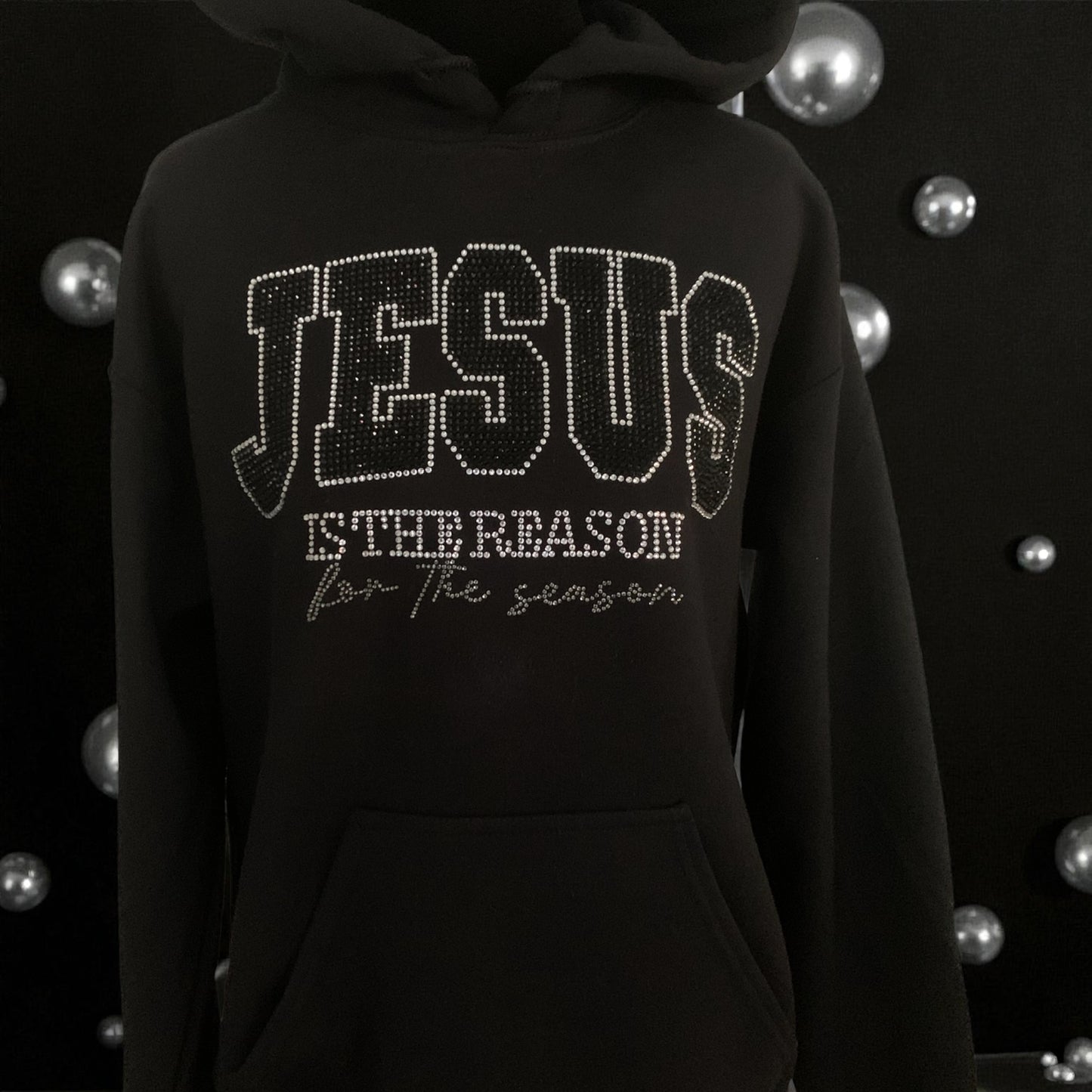 "JESUS IS THE REASON FOR THE SEASON" BLACK HOODIES AVAILABLE IN BLACK/SILVER AND RED/GREEN RHINESTONES **Free Shipping**