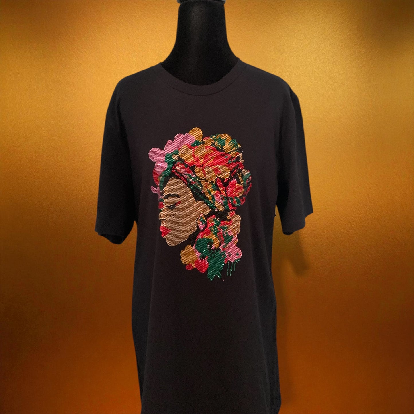 SPARKLING MULTI-COLORED RHINESTONE BEAUTIFUL LADY - BLACK TEE  ** Free Shipping **