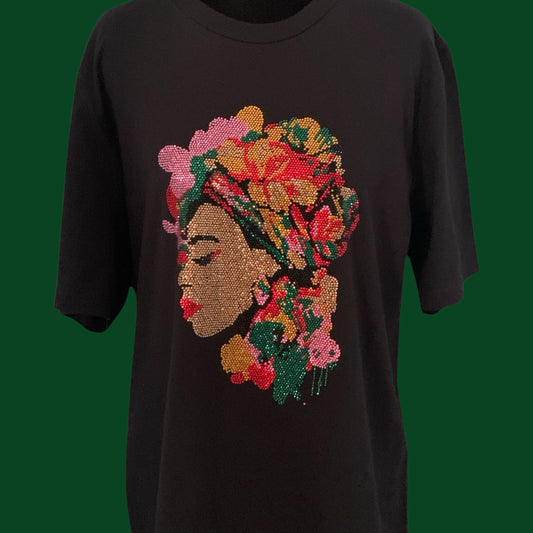 SPARKLING MULTI-COLORED RHINESTONE BEAUTIFUL LADY - BLACK TEE  ** Free Shipping **