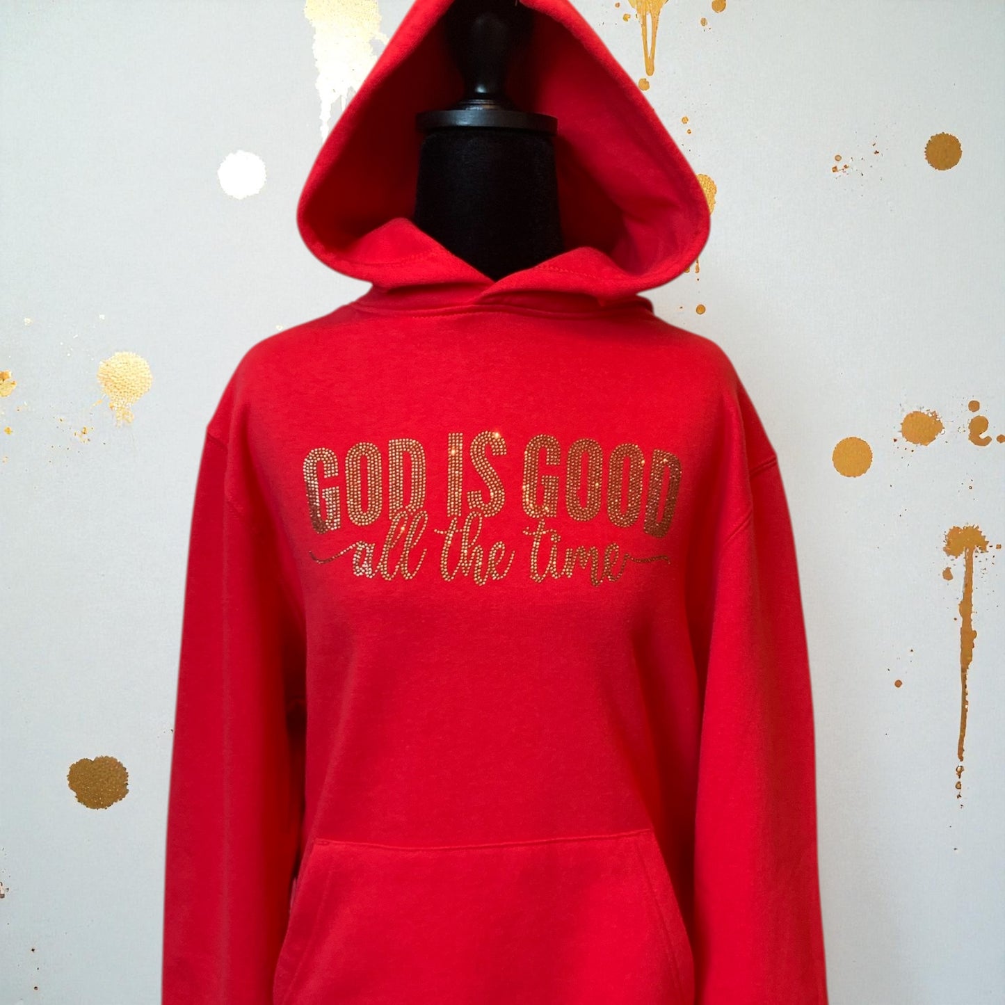 "GOD IS GOOD ALL THE TIME" - RED HOODIE/BLACK HOODIE  WITH GOLD DESIGN IN RHINESTONES **Free Shipping**