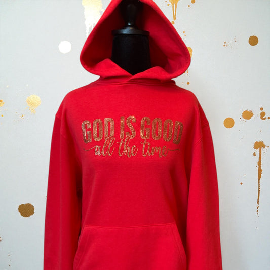 "GOD IS GOOD ALL THE TIME" - RED HOODIE/BLACK HOODIE  WITH GOLD DESIGN IN RHINESTONES **Free Shipping**