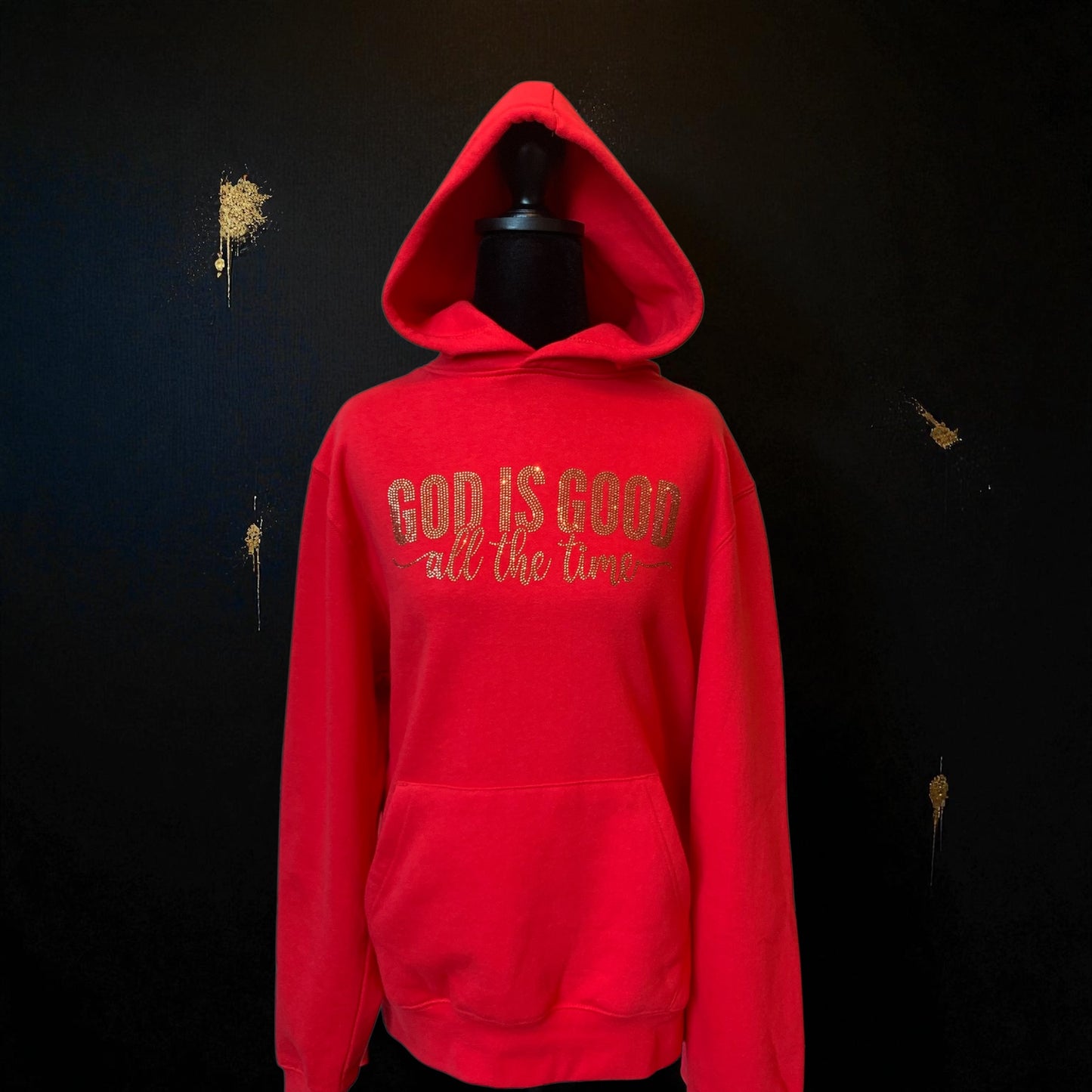 "GOD IS GOOD ALL THE TIME" - RED HOODIE/BLACK HOODIE  WITH GOLD DESIGN IN RHINESTONES **Free Shipping**
