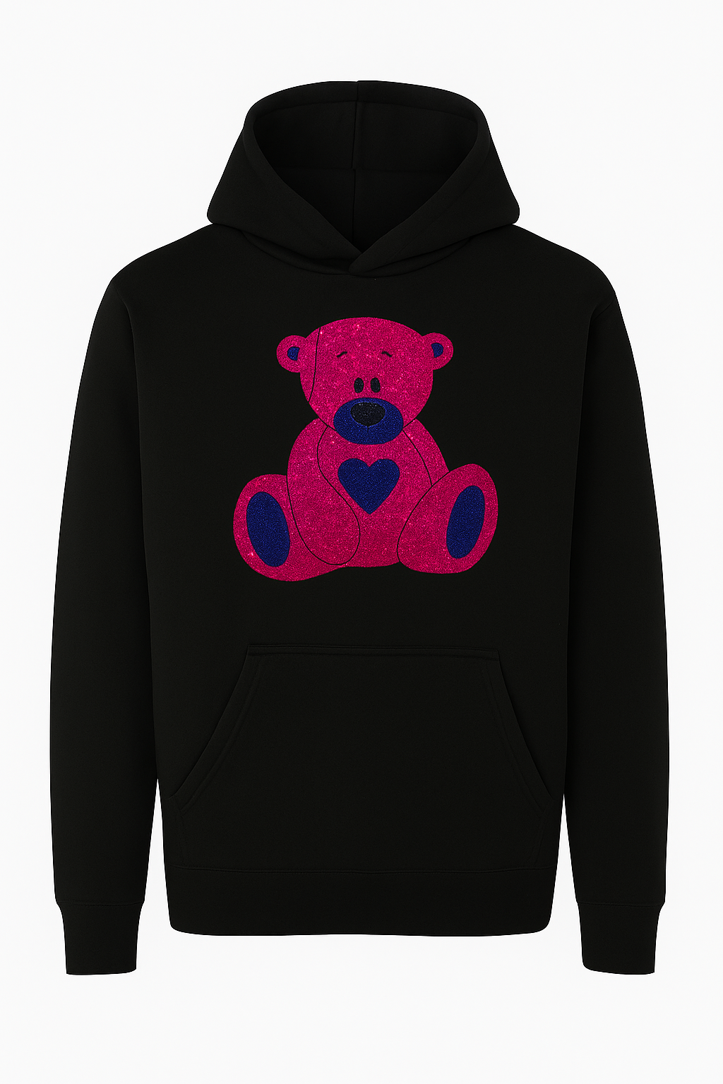 STRIKING PINK AND ROYAL BLUE RHINESTONE TEDDY BEAR - BLACK HOODIE  ** Free Shipping **