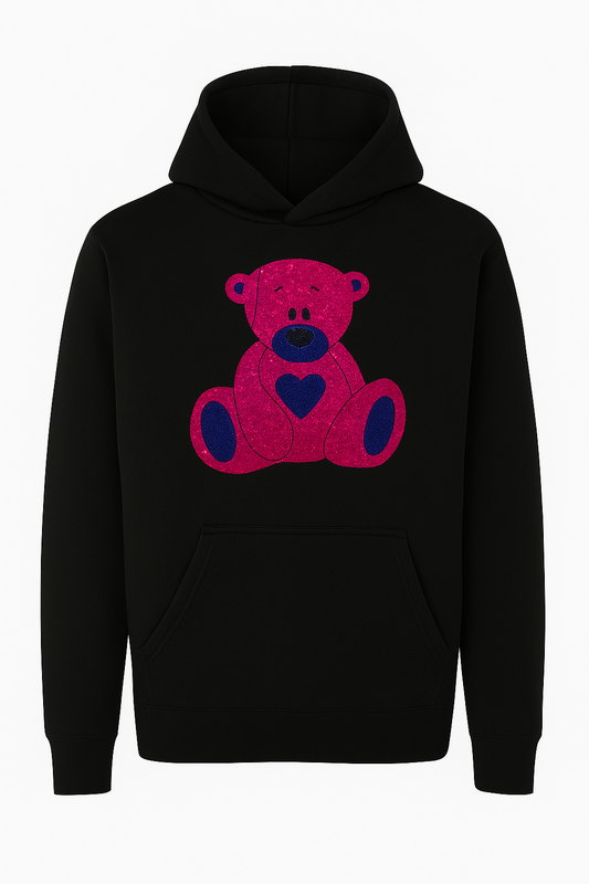 STRIKING PINK AND ROYAL BLUE RHINESTONE TEDDY BEAR - BLACK HOODIE  ** Free Shipping **