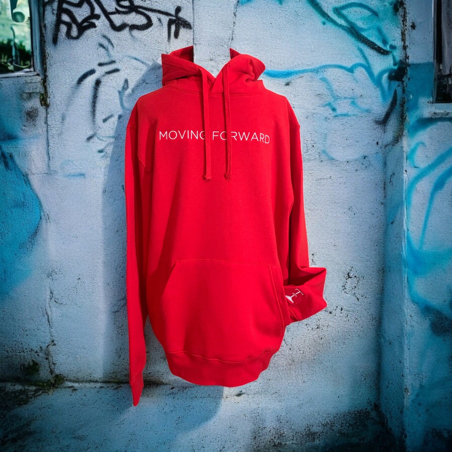 Large Embroidered Red Hoodie With White Letters Long Sleeve with the empowering and inspiring phrase "Moving Forward" Unisex (Men's Hoodie / Women's Hoodie) **Free Shipping**