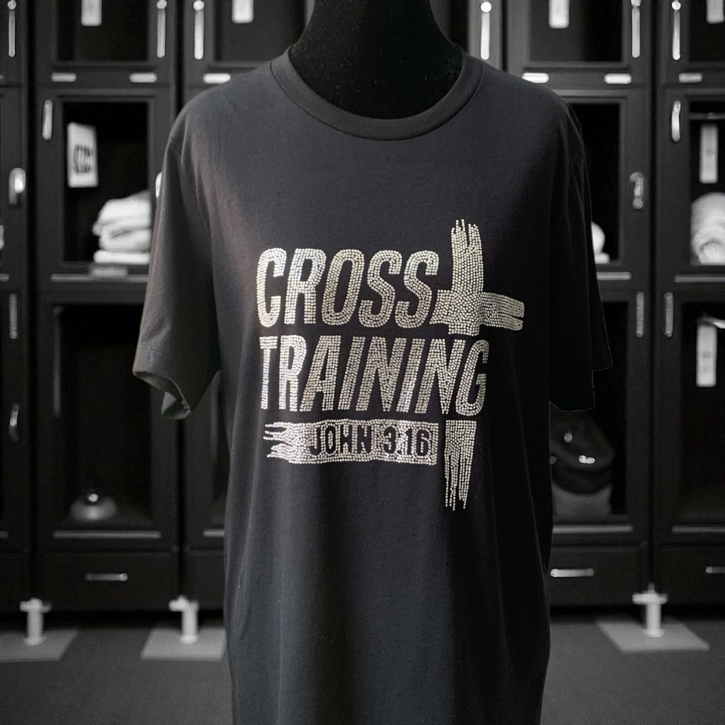 CROSS TRAINING JOHN 3:16 IN DYNAMIC RHINESTONE BLACK TEE **Free Shipping **