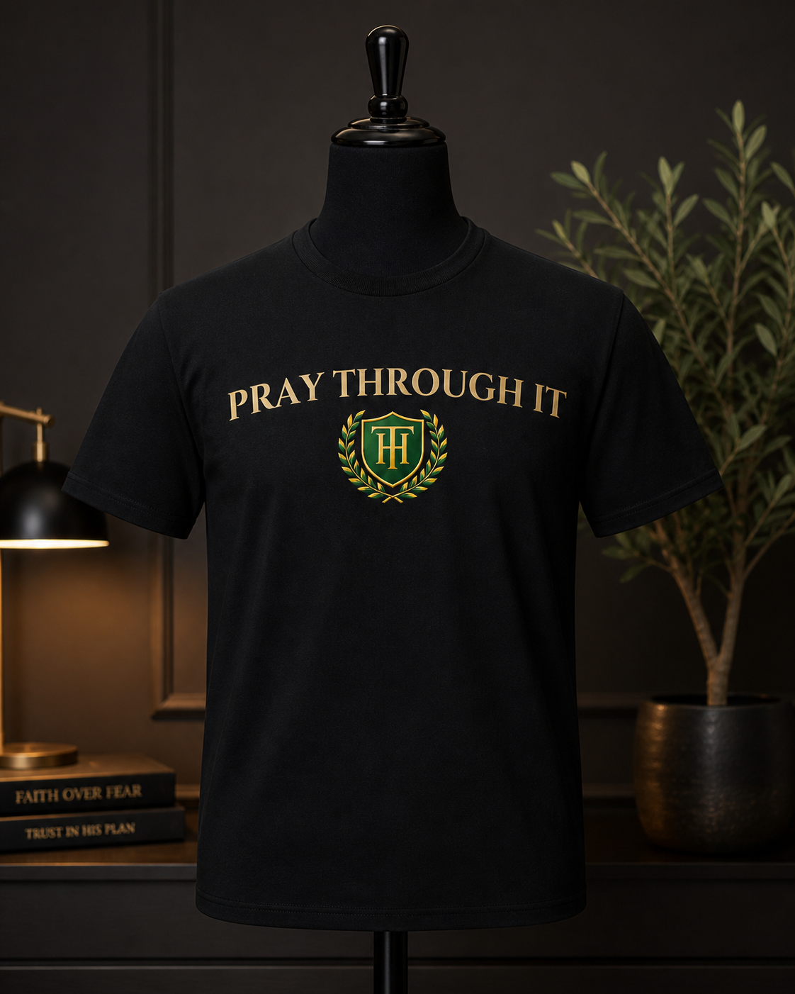 Pray Through It™ Heritage Arc Tee – Black/Gold/Green Edition